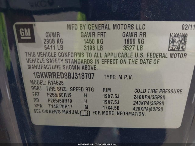 Продаж на аукціоні авто 2011 Gmc Acadia Slt-1, vin: 1GKKRRED8BJ318707, номер лоту: 45649184