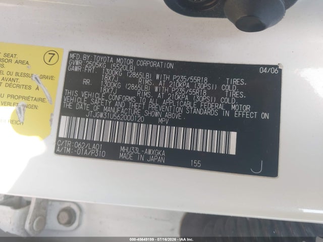 45649199 :رقم المزاد ، JTJGW31U562000120 vin ، 2006 Lexus Rx 400h مزاد بيع