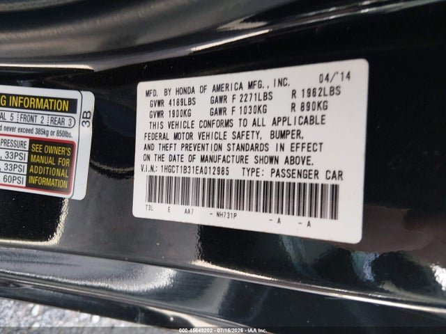 45649202 :رقم المزاد ، 1HGCT1B31EA012985 vin ، 2014 Honda Accord Lx-s مزاد بيع