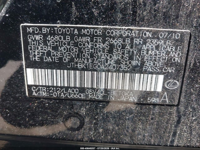 45649207 :رقم المزاد ، JTHBK1EG0A2407352 vin ، 2010 Lexus Es 350 مزاد بيع