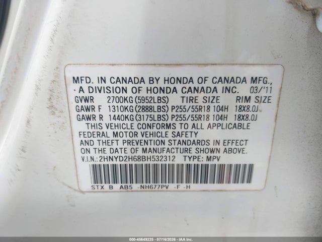45649225 :رقم المزاد ، 2HNYD2H68BH532312 vin ، 2011 Acura Mdx Technology Package مزاد بيع