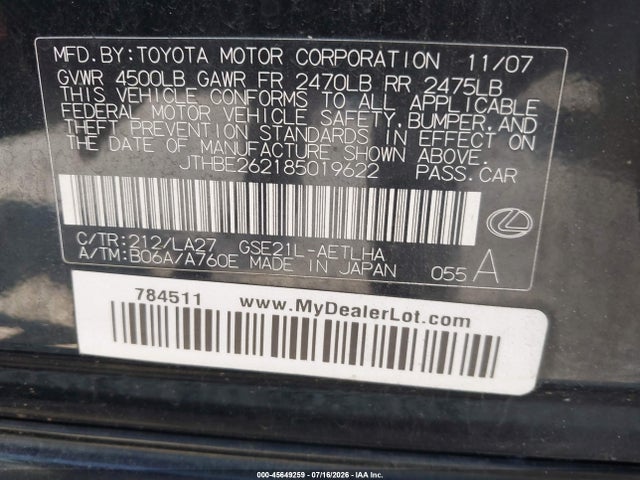 45649259 :رقم المزاد ، JTHBE262185019622 vin ، 2008 Lexus Is 350 مزاد بيع