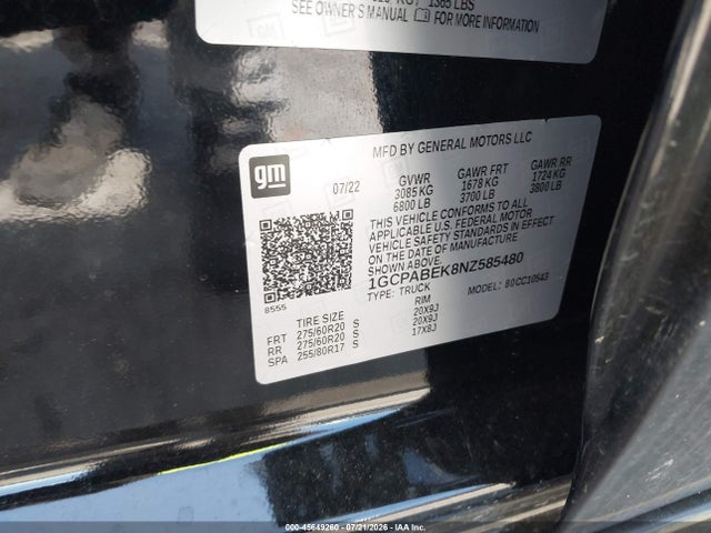 Aukcja sprzedaży 2022 Chevrolet Silverado 1500 2wd  Short Bed Custom, vin: 1GCPABEK8NZ585480, numer aukcji: 45649260