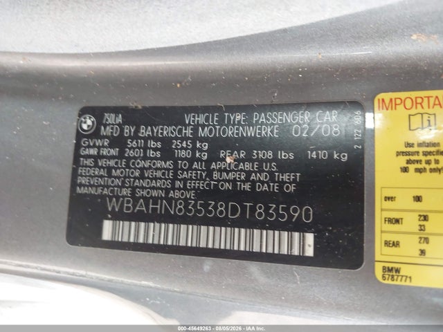 Продаж на аукціоні авто 2008 Bmw 750li, vin: WBAHN83538DT83590, номер лоту: 45649263