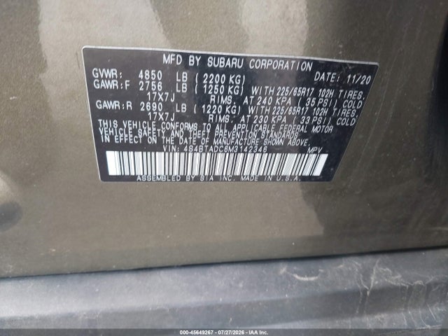 2021 Subaru Outback Premium მანქანა იყიდება აუქციონზე, vin: 4S4BTADC6M3142346, აუქციონის ნომერი: 45649267