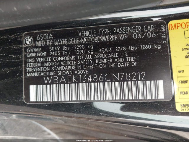2006 Bmw 650i მანქანა იყიდება აუქციონზე, vin: WBAEK13486CN78212, აუქციონის ნომერი: 45649285