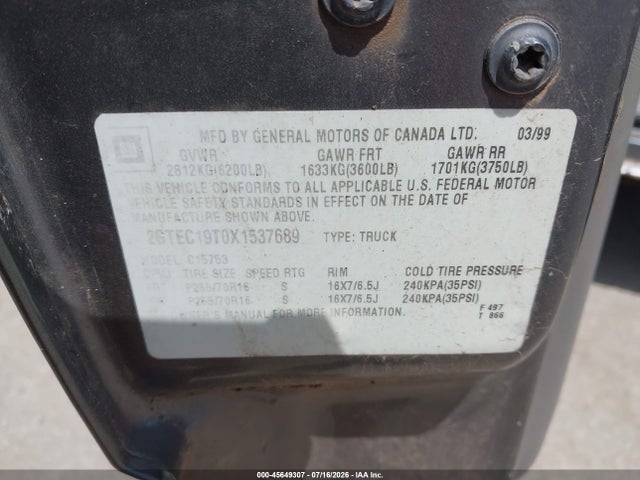 1999 Gmc New Sierra 1500 Sle მანქანა იყიდება აუქციონზე, vin: 2GTEC19T0X1537689, აუქციონის ნომერი: 45649307