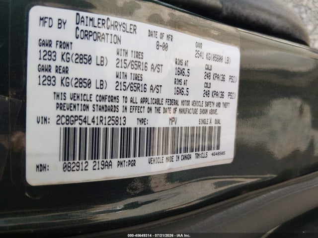 Aukcja sprzedaży 2001 Chrysler Town & Country Lxi, vin: 2C8GP54L41R125813, numer aukcji: 45649314