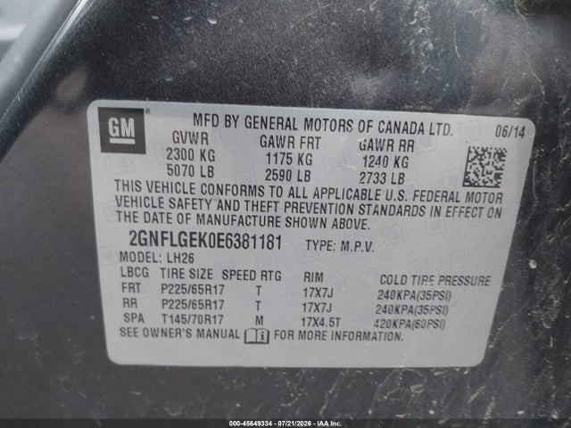 Продажа на аукционе авто 2014 Chevrolet Equinox Lt, vin: 2GNFLGEK0E6381181, номер лота: 45649334