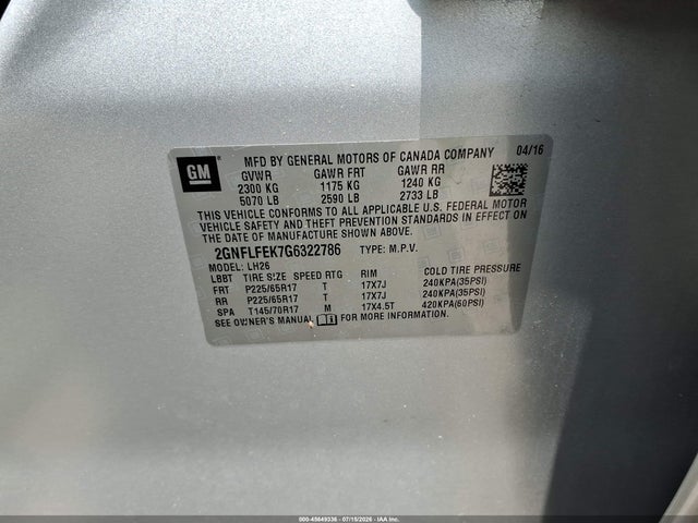 Chevrolet EQUINOX LT 2016 2GNFLFEK7G6322786 Image 9
