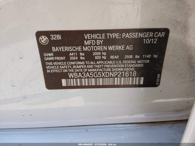 Aukcja sprzedaży 2013 Bmw 328i, vin: WBA3A5G5XDNP21618, numer aukcji: 45649387