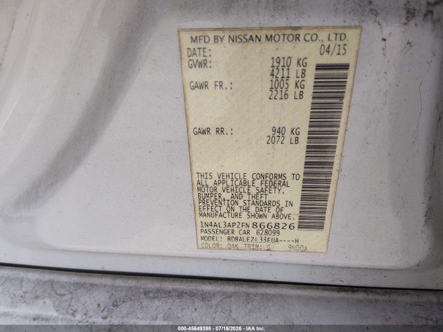Продажа на аукционе авто 2015 Nissan Altima 2.5 S, vin: 1N4AL3AP2FN866826, номер лота: 45649398