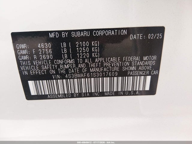 Продажа на аукционе авто 2025 Subaru Legacy Premium, vin: 4S3BWAF61S3017609, номер лота: 45649412