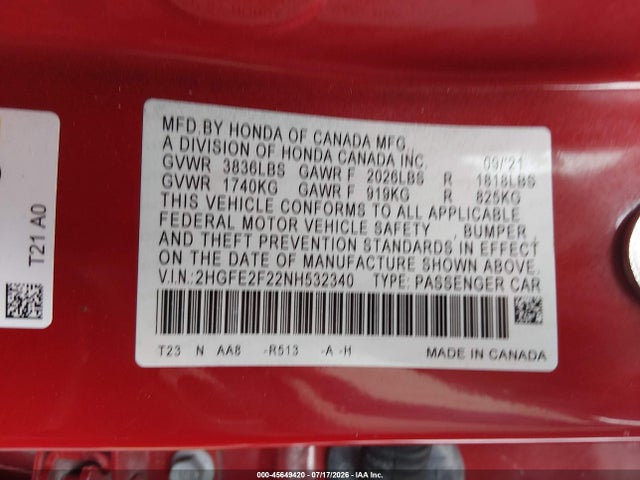Продажа на аукционе авто 2022 Honda Civic Lx, vin: 2HGFE2F22NH532340, номер лота: 45649420