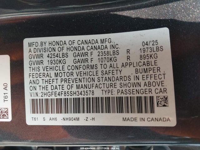 Продажа на аукционе авто 2025 Honda Civic Hybrid Sport/sport Touring, vin: 2HGFE4F85SH343578, номер лота: 45649448
