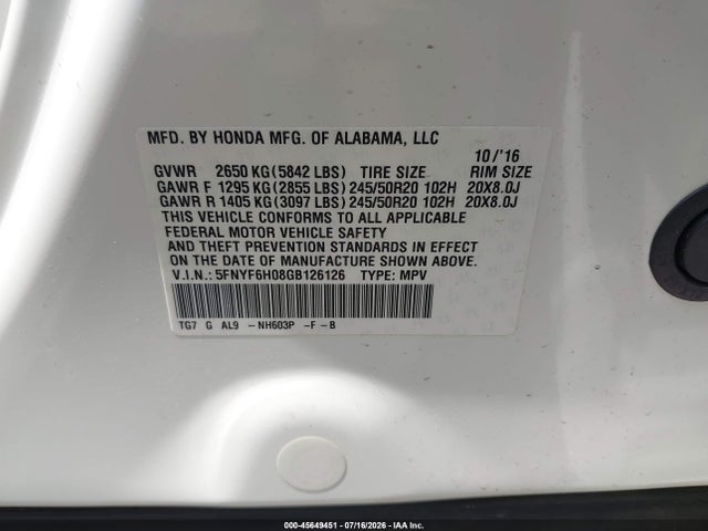 Honda Pilot Elite 2016 5FNYF6H08GB126126 Image 9