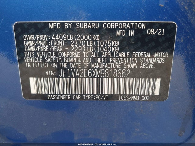 Продаж на аукціоні авто 2021 Subaru Wrx Sti, vin: JF1VA2E6XM9818662, номер лоту: 45649459