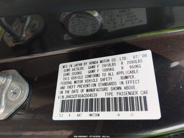 45649461 :رقم المزاد ، JH4CU2F60AC004539 vin ، 2010 Acura Tsx 2.4 مزاد بيع