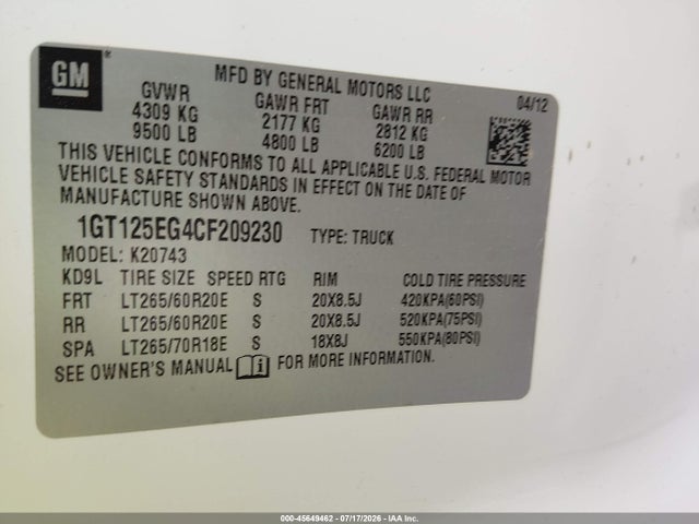 Aukcja sprzedaży 2012 Gmc Sierra 2500hd Denali, vin: 1GT125EG4CF209230, numer aukcji: 45649462