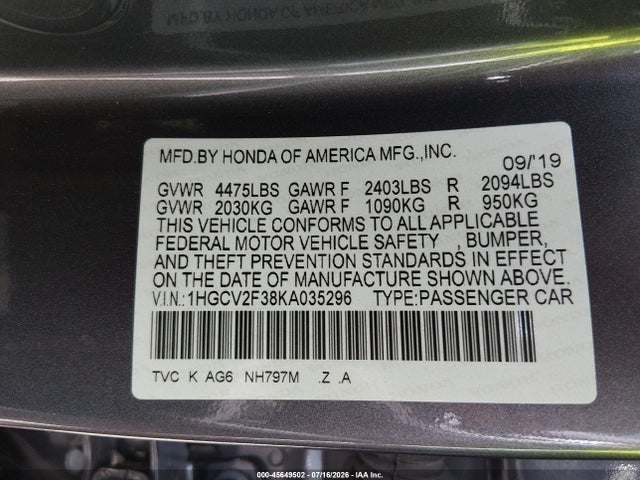 Aukcja sprzedaży 2019 Honda Accord Sport 2.0t, vin: 1HGCV2F38KA035296, numer aukcji: 45649502