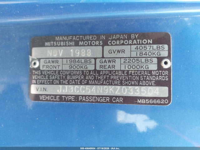45649504 :رقم المزاد ، JJ3CC54N9KZ033504 vin ، 1989 Chrysler Conquest Tsi مزاد بيع