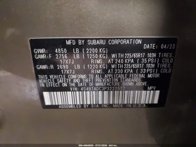 45649508 :رقم المزاد ، 4S4BTADC3P3222532 vin ، 2023 Subaru Outback Premium مزاد بيع