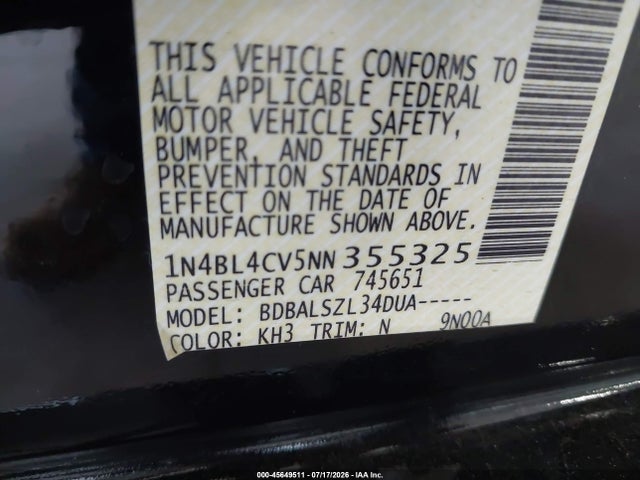 45649511 :رقم المزاد ، 1N4BL4CV5NN355325 vin ، 2022 Nissan Altima Sr Fwd مزاد بيع