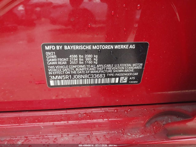 45649516 :رقم المزاد ، 3MW5R1J08N8C33683 vin ، 2022 Bmw 330i مزاد بيع