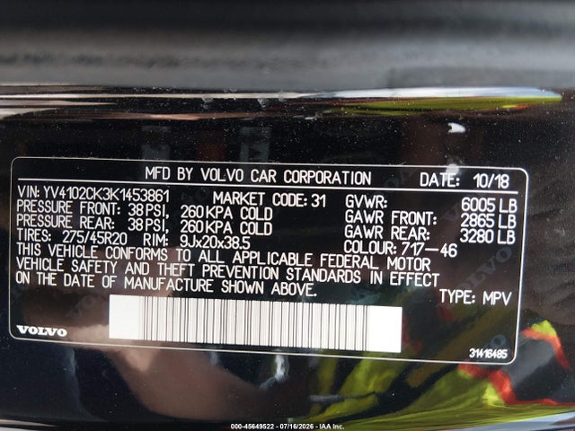 Продажа на аукционе авто 2019 Volvo Xc90 T5 Momentum, vin: YV4102CK3K1453861, номер лота: 45649522