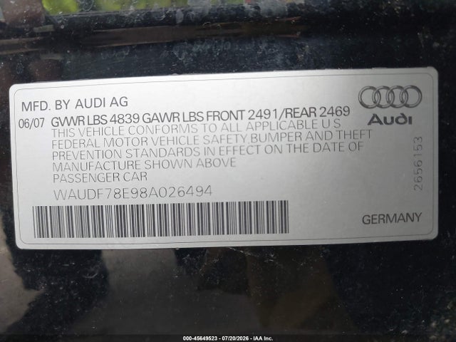 Aukcja sprzedaży 2008 Audi A4 2.0t, vin: WAUDF78E98A026494, numer aukcji: 45649523