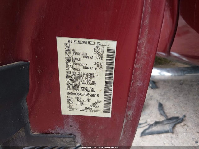 2005 Nissan Titan Xe მანქანა იყიდება აუქციონზე, vin: 1N6AA06A35N559616, აუქციონის ნომერი: 45649525