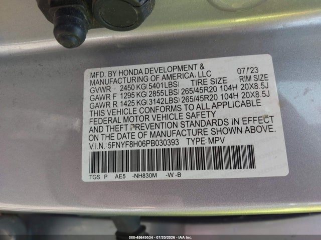Продаж на аукціоні авто 2023 Honda Passport Awd Elite, vin: 5FNYF8H06PB030393, номер лоту: 45649534