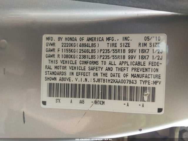 45649540 :رقم المزاد ، 5J8TB1H2XAA007943 vin ، 2010 Acura Rdx مزاد بيع