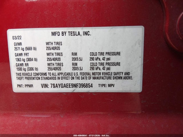 Продаж на аукціоні авто 2022 Tesla Model Y Long Range Dual Motor All-wheel Drive, vin: 7SAYGAEE9NF396854, номер лоту: 45649541