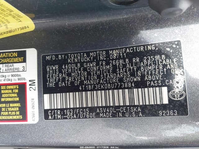 2011 Toyota Camry Se მანქანა იყიდება აუქციონზე, vin: 4T1BF3EK0BU773884, აუქციონის ნომერი: 45649555