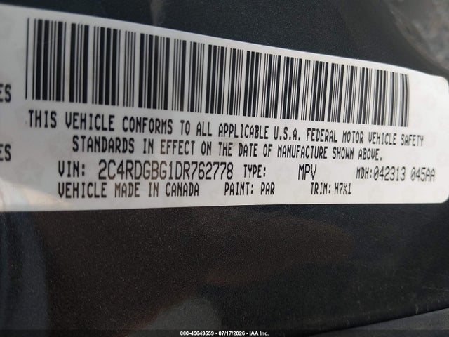 45649559 :رقم المزاد ، 2C4RDGBG1DR762778 vin ، 2013 Dodge Grand Caravan Se مزاد بيع