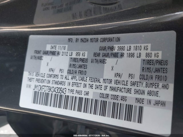 45649564 :رقم المزاد ، JM1DKFD78K0430643 vin ، 2019 Mazda Cx-3 Grand Touring مزاد بيع