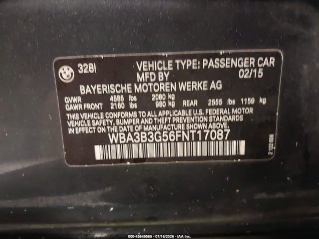 2015 Bmw 328i Xdrive მანქანა იყიდება აუქციონზე, vin: WBA3B3G56FNT17087, აუქციონის ნომერი: 45649565