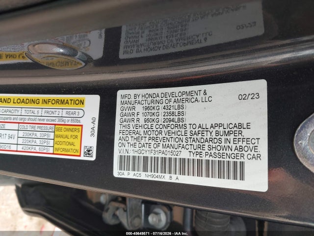 Продаж на аукціоні авто 2023 Honda Accord Ex, vin: 1HGCY1F31PA015027, номер лоту: 45649571