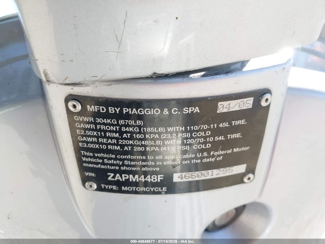 2006 Vespa Lx 150 მანქანა იყიდება აუქციონზე, vin: ZAPM448F465001295, აუქციონის ნომერი: 45649577