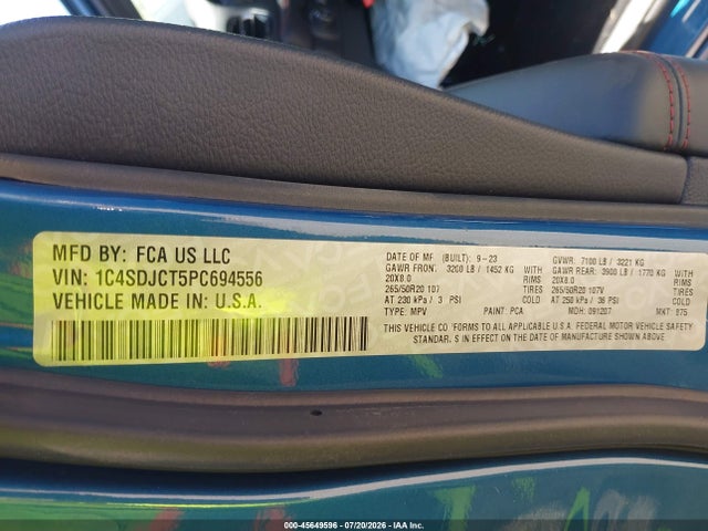 2023 Dodge Durango R/t Plus Awd მანქანა იყიდება აუქციონზე, vin: 1C4SDJCT5PC694556, აუქციონის ნომერი: 45649596