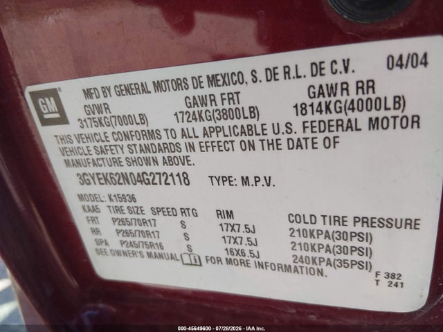 Aukcja sprzedaży 2004 Cadillac Escalade Ext Standard, vin: 3GYEK62N04G272118, numer aukcji: 45649600