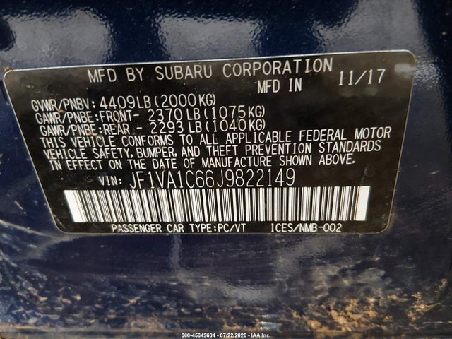 45649604 :رقم المزاد ، JF1VA1C66J9822149 vin ، 2018 Subaru Wrx Premium مزاد بيع