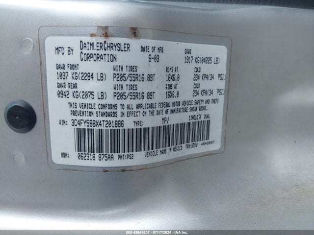 45649607 :رقم المزاد ، 3C4FY58BX4T201886 vin ، 2004 Chrysler Pt Cruiser Touring مزاد بيع