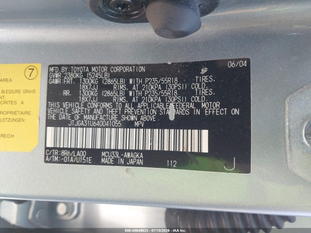 Aukcja sprzedaży 2004 Lexus Rx 330, vin: JTJGA31U640041055, numer aukcji: 45649623