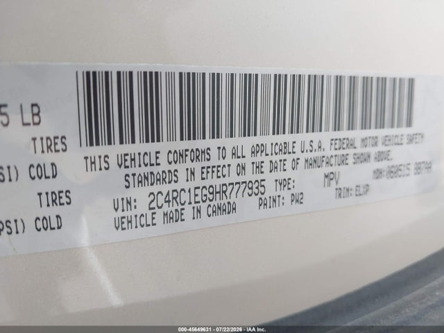 Aukcja sprzedaży 2017 Chrysler Pacifica Touring-l Plus, vin: 2C4RC1EG9HR777935, numer aukcji: 45649631
