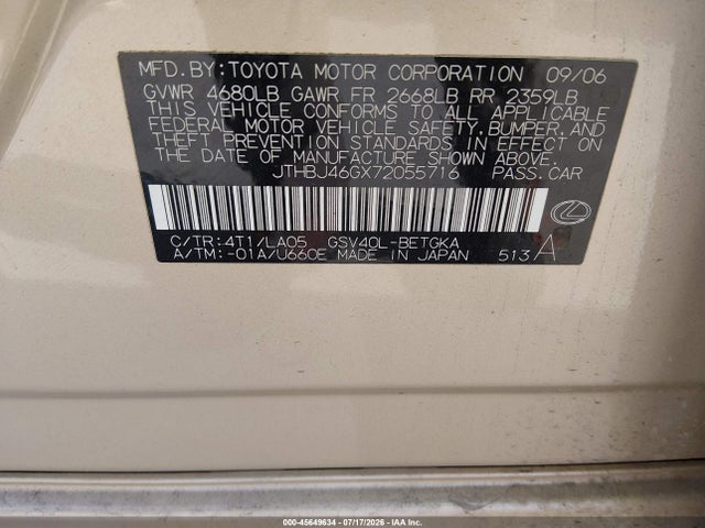 2007 Lexus Es 350 მანქანა იყიდება აუქციონზე, vin: JTHBJ46GX72055716, აუქციონის ნომერი: 45649634