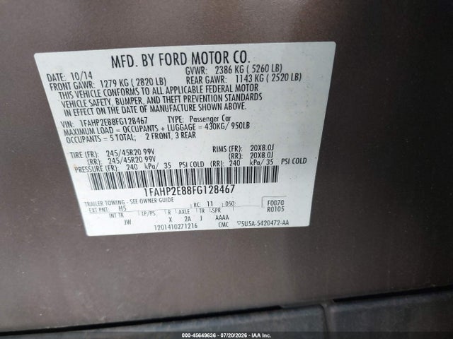 1FAHP2E88FG128467 Ford TAURUS SEL