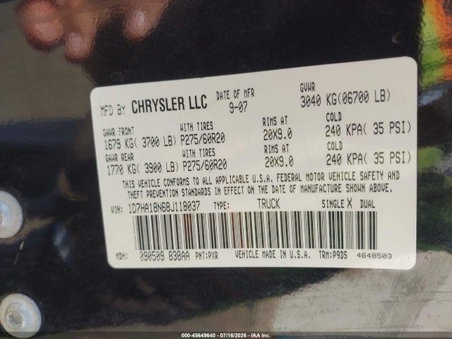 45649640 :رقم المزاد ، 1D7HA18N68J118037 vin ، 2008 Dodge Ram 1500 Slt مزاد بيع