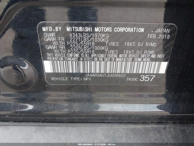 Aukcja sprzedaży 2018 Mitsubishi Outlander Sport 2.0 Le, vin: JA4AR3AU1JU008822, numer aukcji: 45649645